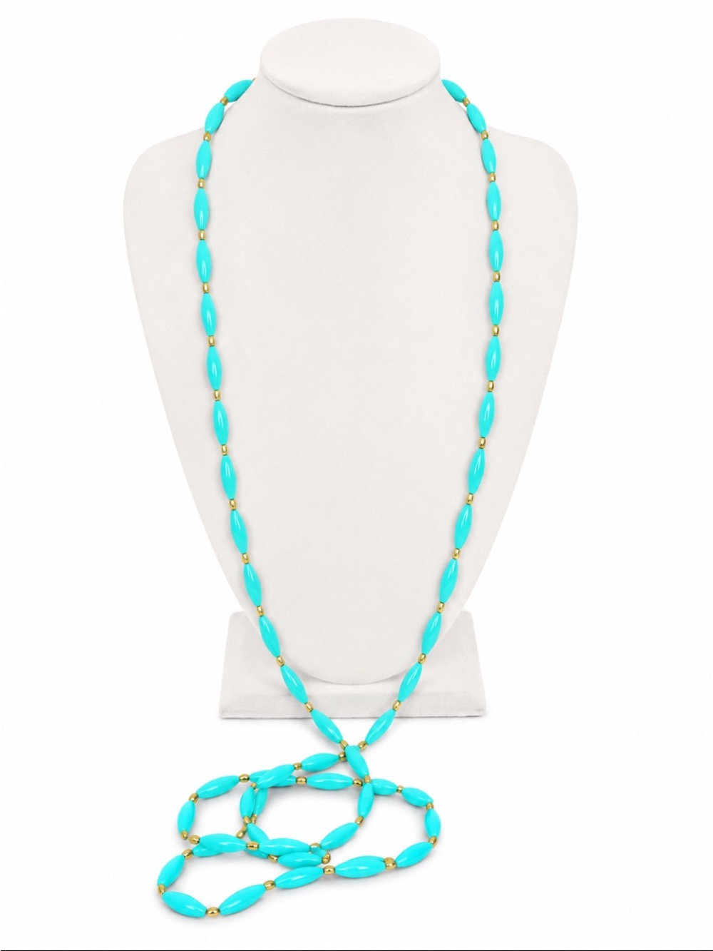 Turquoise Blue Beaded Long Strand Necklace with Gold-Tone Accents